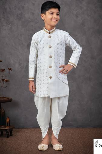 White heavy indo-western sherwani dhoti set with all-over computer embroidery
