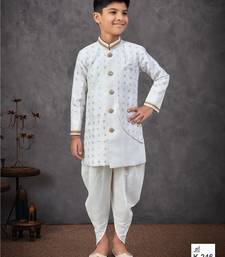 White heavy indo-western sherwani dhoti set with all-over computer embroidery
