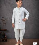 White heavy indo-western sherwani dhoti set with all-over computer embroidery