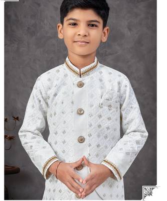 White heavy indo-western sherwani dhoti set with all-over computer embroidery 2