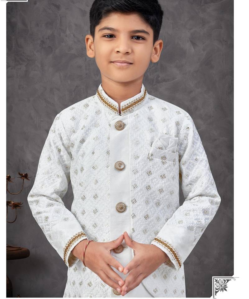 White heavy indo-western sherwani dhoti set with all-over computer embroidery