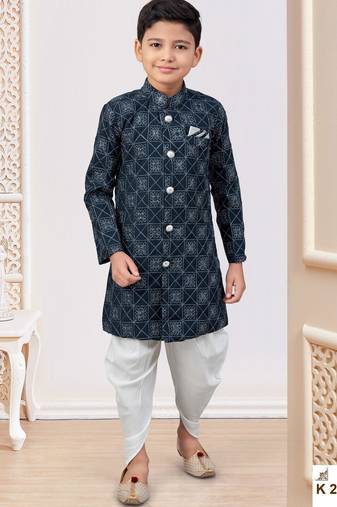 Blue heavy indo-western sherwani dhoti set with all-over computer embroidery