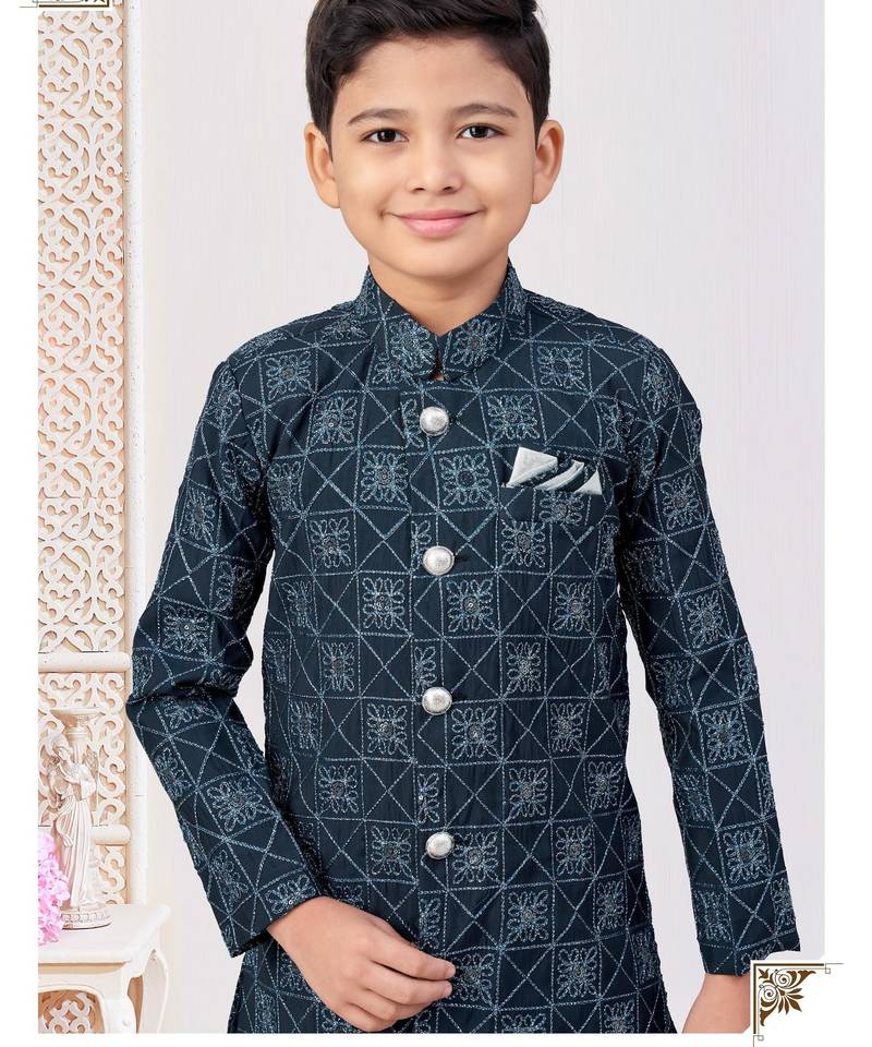 Blue heavy indo-western sherwani dhoti set with all-over computer embroidery