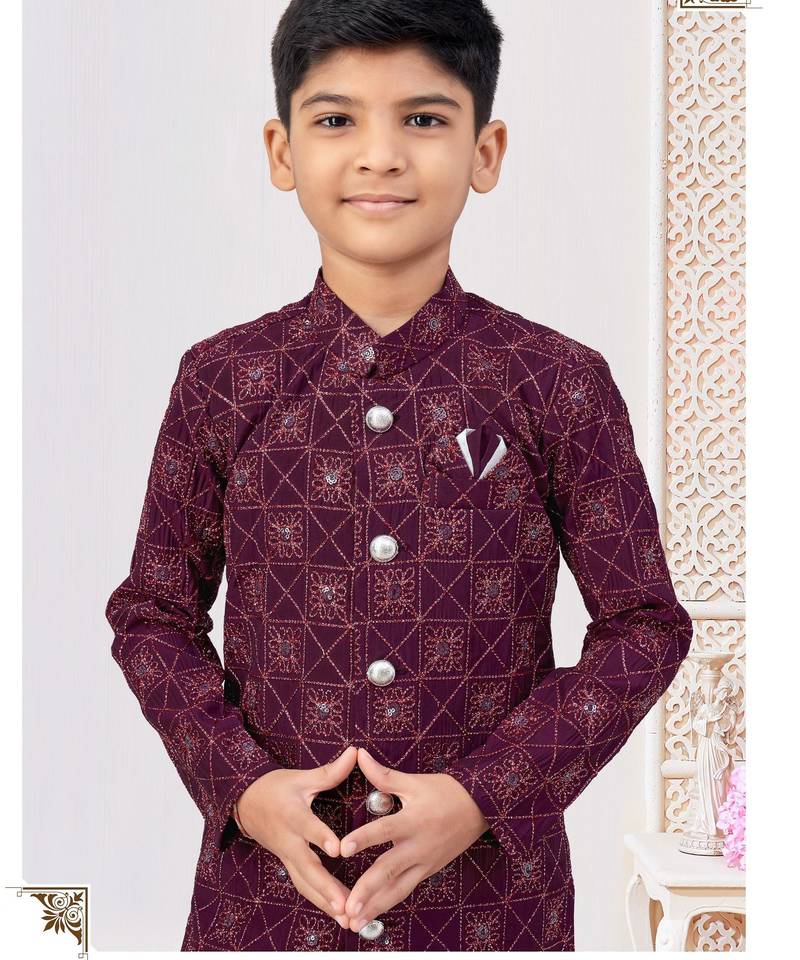 Purple heavy indo-western sherwani dhoti set with all-over computer embroidery