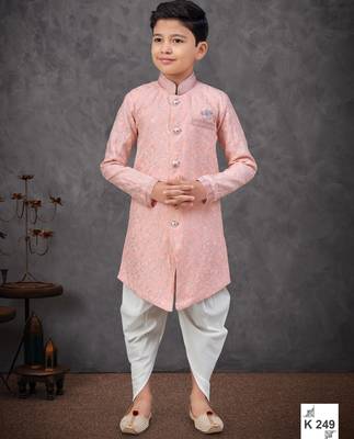 Peach heavy indo-western sherwani dhoti set with all-over computer embroidery 1