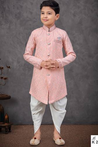 Peach heavy indo-western sherwani dhoti set with all-over computer embroidery