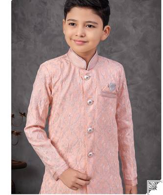 Peach heavy indo-western sherwani dhoti set with all-over computer embroidery 2