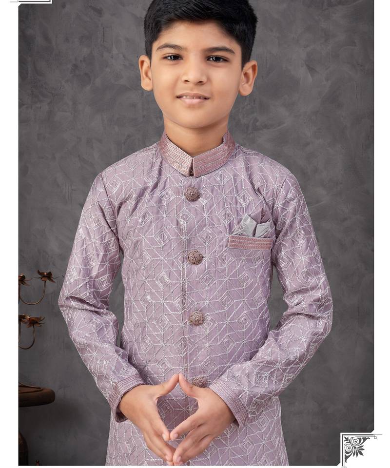 Purple heavy indo-western sherwani dhoti set with all-over computer embroidery