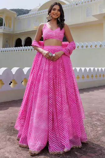 Rich Pink Laheriya Printed Georgette Sangeet Wear Lehenga With Blouse