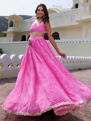 Rich Pink Laheriya Printed Georgette Sangeet Wear Lehenga With Blouse 3