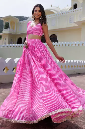 Rich Pink Laheriya Printed Georgette Sangeet Wear Lehenga With Blouse