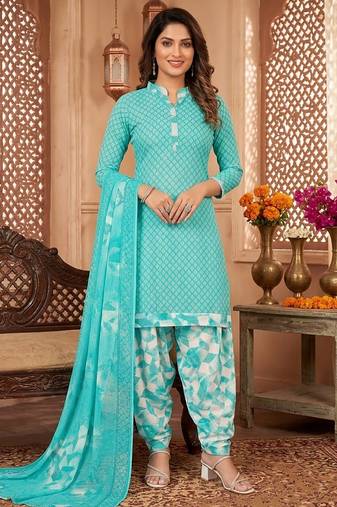 Aqua blue printed cotton blend stitched geometric print salwar kurta dupatta for women