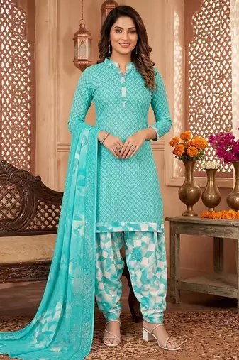 Aqua blue printed cotton blend stitched geometric print salwar kurta dupatta for women