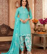 Aqua blue printed cotton blend stitched geometric print salwar kurta dupatta for women