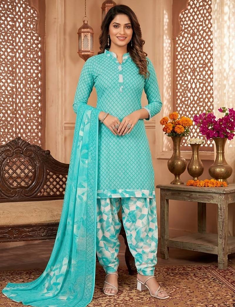 Aqua blue printed cotton blend stitched geometric print salwar kurta dupatta for women