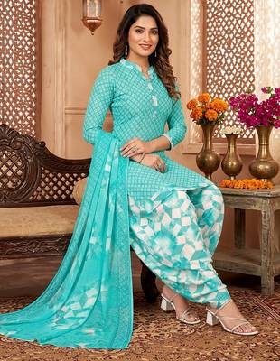 Aqua blue printed cotton blend stitched geometric print salwar kurta dupatta for women 2