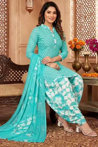 Aqua blue printed cotton blend stitched geometric print salwar kurta dupatta for women
