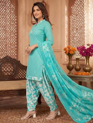 Aqua blue printed cotton blend stitched geometric print salwar kurta dupatta for women 3