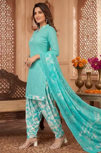 Aqua blue printed cotton blend stitched geometric print salwar kurta dupatta for women