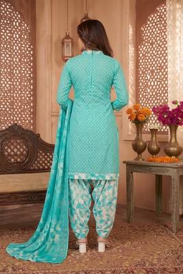 Aqua blue printed cotton blend stitched geometric print salwar kurta dupatta for women 4
