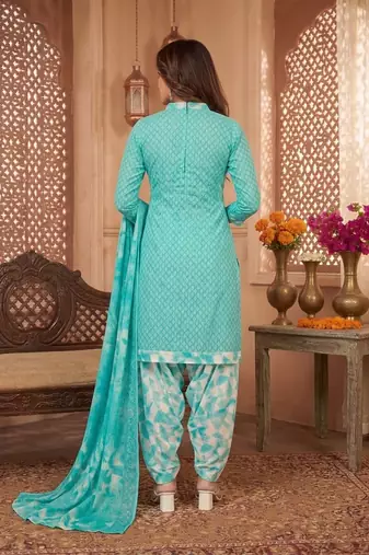 Aqua blue printed cotton blend stitched geometric print salwar kurta dupatta for women