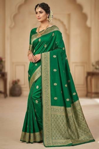 banarasi silk blend green color woven saree with blouse