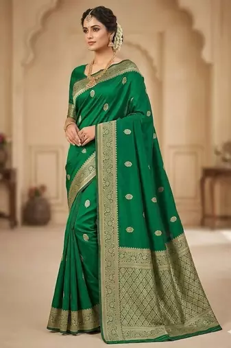 banarasi silk blend green color woven saree with blouse