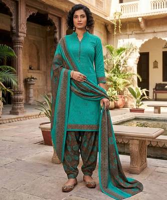 Teal printed cotton blend stitched geometric print salwar kurta dupatta for women 1