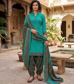 Teal printed cotton blend stitched geometric print salwar kurta dupatta for women