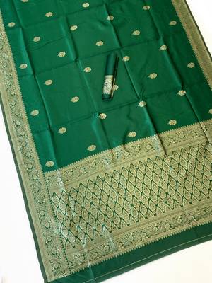 banarasi silk blend green color woven saree with blouse 2