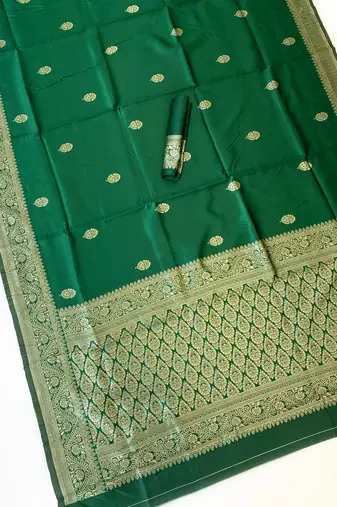 banarasi silk blend green color woven saree with blouse