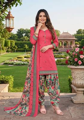 Pink printed cotton blend stitched floral print salwar kurta dupatta for women 1