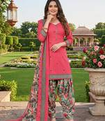 Pink printed cotton blend stitched floral print salwar kurta dupatta for women