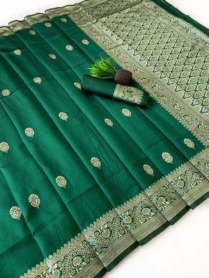 banarasi silk blend green color woven saree with blouse 3