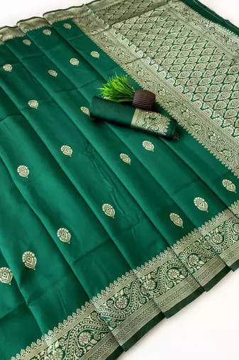 banarasi silk blend green color woven saree with blouse