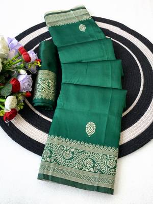 banarasi silk blend green color woven saree with blouse 5