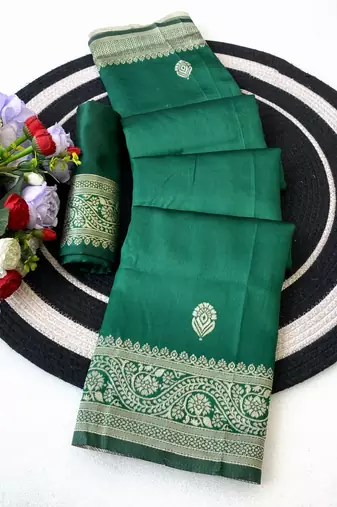 banarasi silk blend green color woven saree with blouse