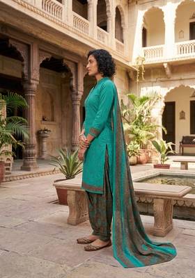 Teal printed cotton blend stitched geometric print salwar kurta dupatta for women 2