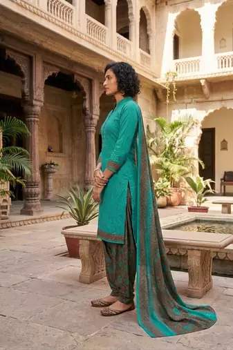 Teal printed cotton blend stitched geometric print salwar kurta dupatta for women