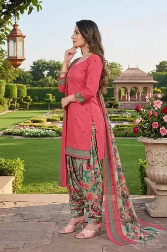 Pink printed cotton blend stitched floral print salwar kurta dupatta for women