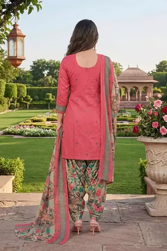 Pink printed cotton blend stitched floral print salwar kurta dupatta for women