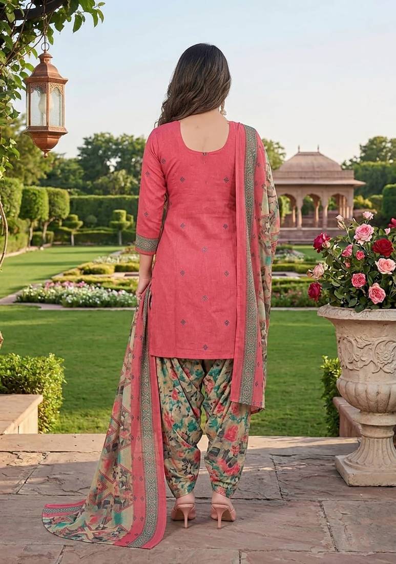 Pink printed cotton blend stitched floral print salwar kurta dupatta for women