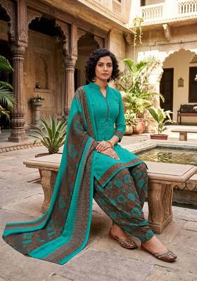 Teal printed cotton blend stitched geometric print salwar kurta dupatta for women 3