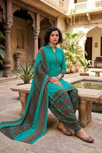 Teal printed cotton blend stitched geometric print salwar kurta dupatta for women