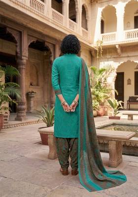 Teal printed cotton blend stitched geometric print salwar kurta dupatta for women 4