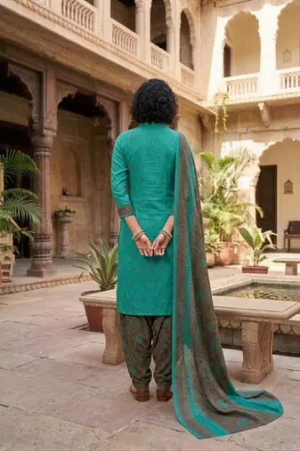 Teal printed cotton blend stitched geometric print salwar kurta dupatta for women