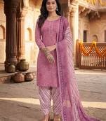 Pink printed cotton blend stitched geometric print salwar kurta dupatta for women