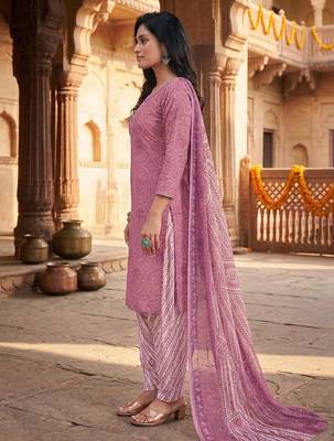 Pink printed cotton blend stitched geometric print salwar kurta dupatta for women 2