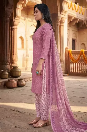 Pink printed cotton blend stitched geometric print salwar kurta dupatta for women
