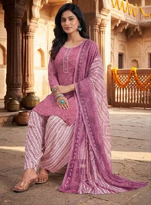 Pink printed cotton blend stitched geometric print salwar kurta dupatta for women 3